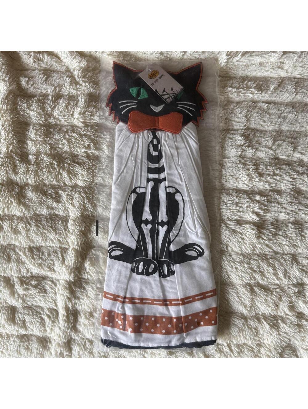 Halloween Black Skeleton Cat Kitchen Towel Hanging
